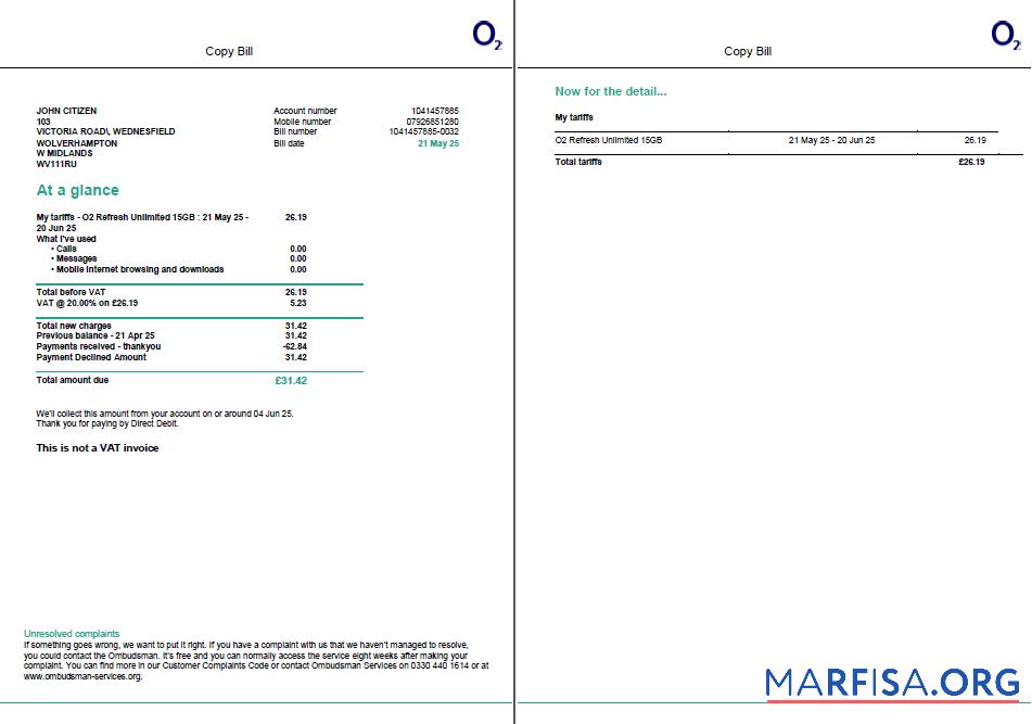 Realistic USA O2 utility bill template in Word and PDF formats, 2 pages, version 2
